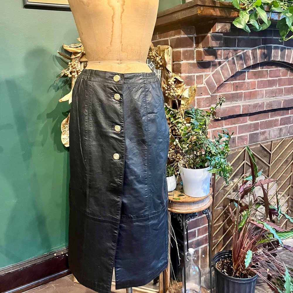 Mid-length Black Leather Skirt with Silk Sari Panels & Gold Buttons